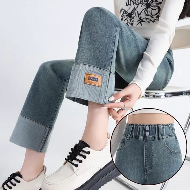 "Plus-Size High-Waisted Flared Jeans – Winter Fleece-Lined Stretch Denim For Women (S-6XL, Relaxed Fit, Elastic Waist, Dark Blue/Light Blue)"_ecoleips.com