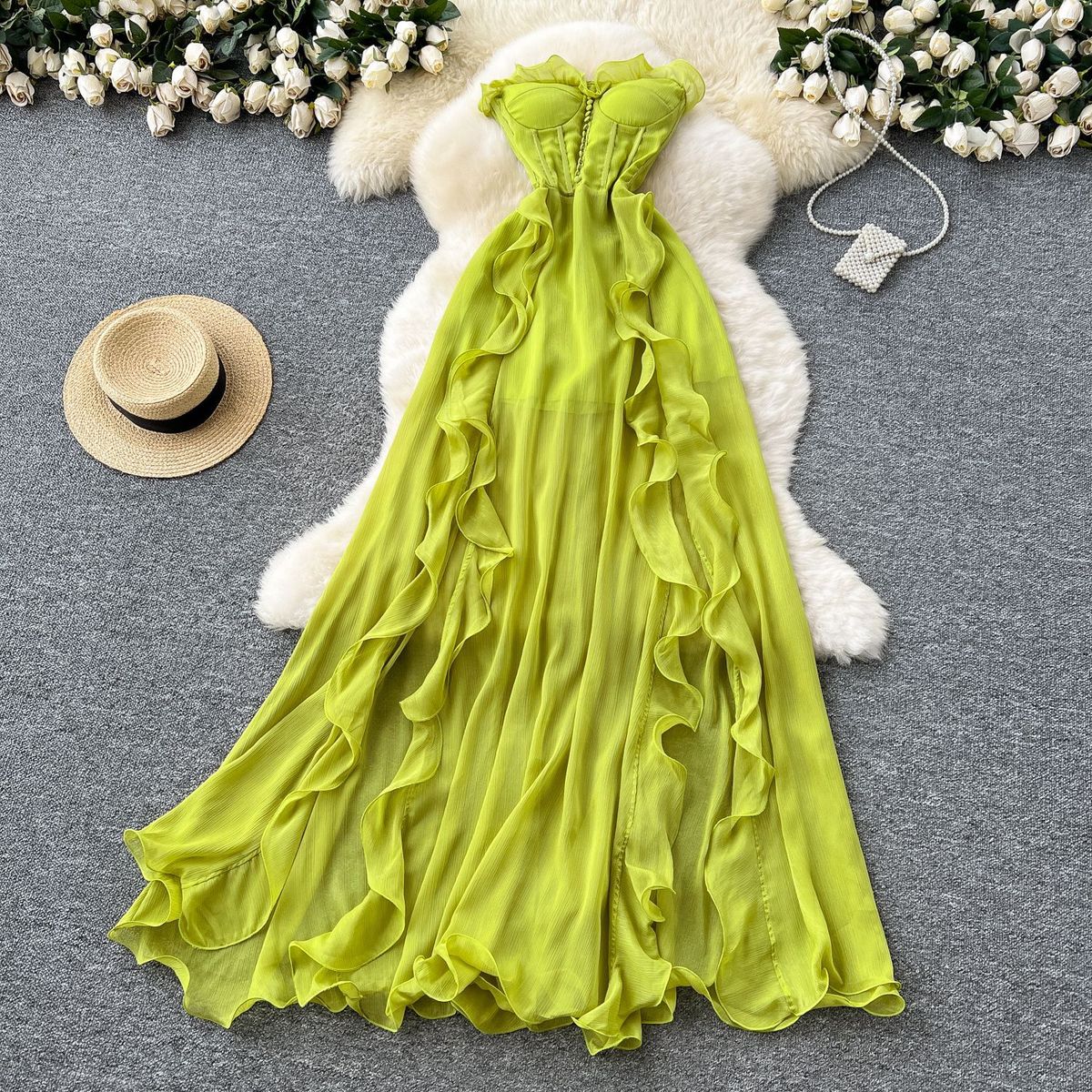 Women's Clothing Holiday Style Dress Summer French Sexy Tube Top Waist Slimming Slit Ruffle Irregular Long Skirt_ecoleips.com
