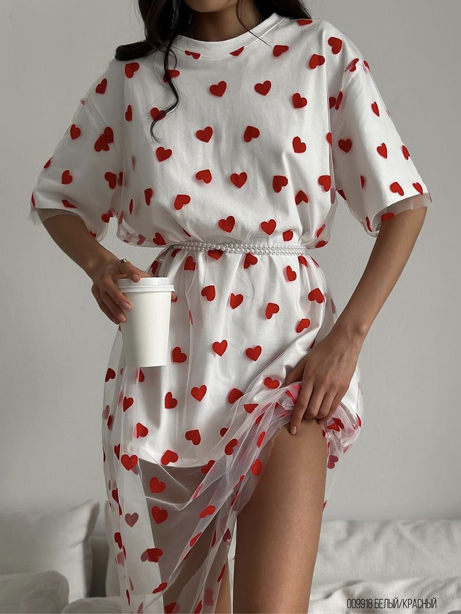 2025 2025 New Sexy Women's Long Style Love Mesh Splicing Loose Short Sleeve T-Shirt Dress_ecoleips.com