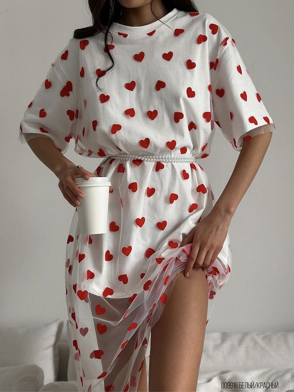 2025 2025 New Sexy Women's Long Style Love Mesh Splicing Loose Short Sleeve T-Shirt Dress_ecoleips.com