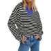 Women's Oversized Stripe Polo Collar Long Sleeve Sweatshirt – Casual Streetwear Cotton Blend Fall/Winter Fashion_ecoleips.com