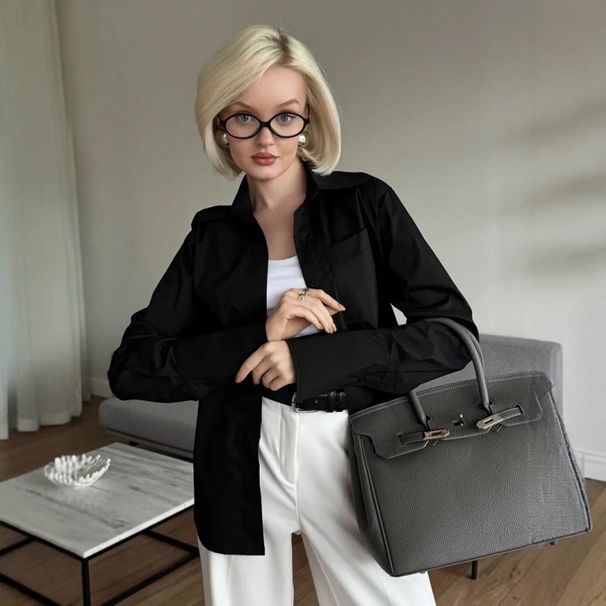 Temperament Women's Clothing Versatile Casual Solid Color Lapel Shirt Fashion Top Wholesale_ecoleips.com
