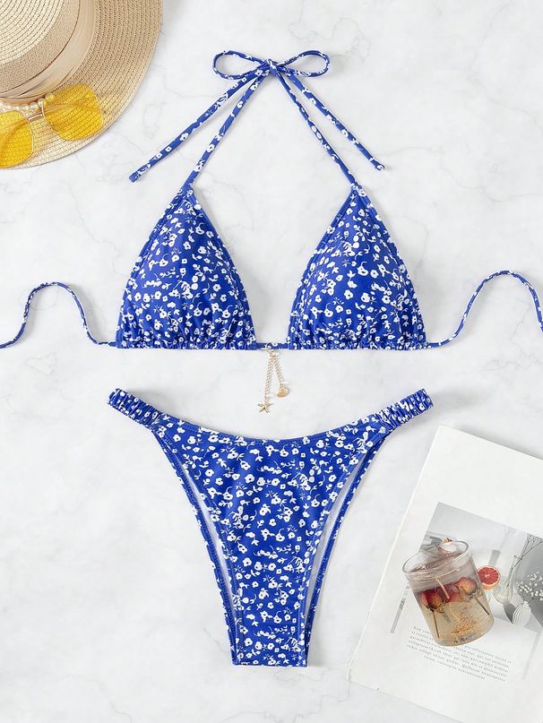 Halterneck Floral Pattern Triangle Cup Split Bikini Summer Cool Swimwear Comfortable_ecoleips.com