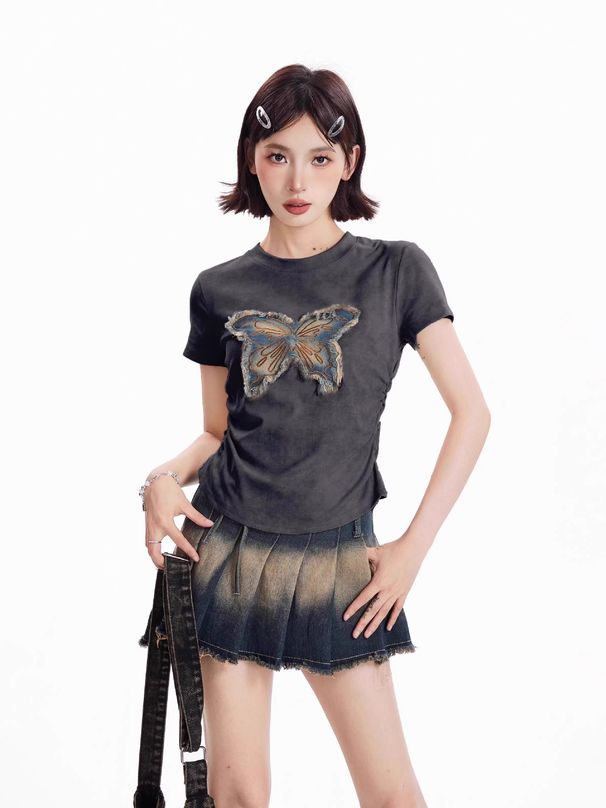 A Double-Sided Waistband Design For Summer Wear A Slim-Fitting, Short-Sleeved Top With Tie-Dye Printing; Suitable For_ecoleips.com