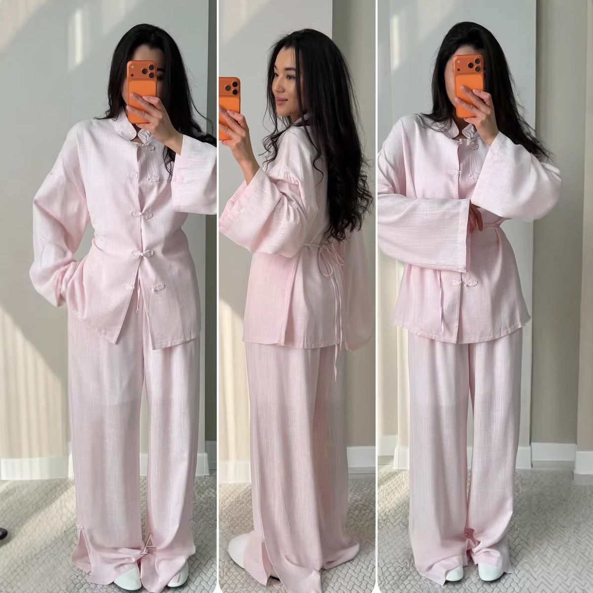 Women's Autumn/Winter Solid Color Shirt And Wide Leg Pants Set Casual Loose Fit European American Style with Buttons_ecoleips.com