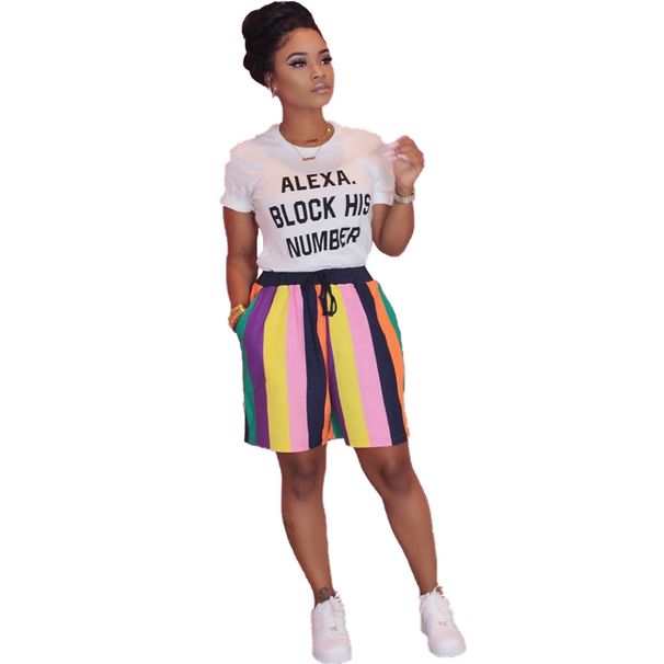 Women's Clothing Rainbow Striped Shorts & T-Shirt Set - Casual Loose Fit Summer Two Piece Outfit Vibrant Summer Essentials_ecoleips.com