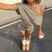Women's Off-Shoulder Color-Block Striped Top And High-Waisted Shorts Two-Piece Set European And American Fashion Casual Hot Pants_ecoleips.com