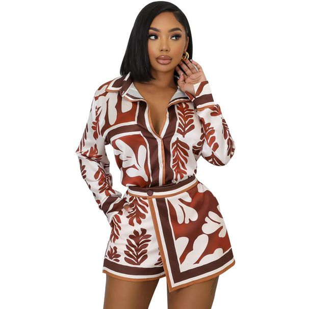 Elegant Two Piece Pant Set Long Sleeved Top With Shorts Sophisticated Print For Spring Autumn Summer_ecoleips.com