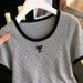 Grey Bow Tie Short Sleeved T-Shirt For Women Summer Slim Fit U Neck Low Neck Knit Short Style Top_ecoleips.com