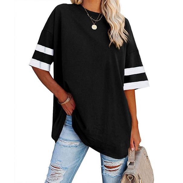 2022 Cross-Border Women's Tops European And American Loose-Fit Half-Sleeve Round Neck Color-Block Waist-Cinching_ecoleips.com