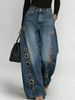 Women's Loose Fit Denim Jeans With Metal Grommet Details - Vintage Washed Blue & Black High-Rise Wide Leg Trousers For Casual Style_ecoleips.com
