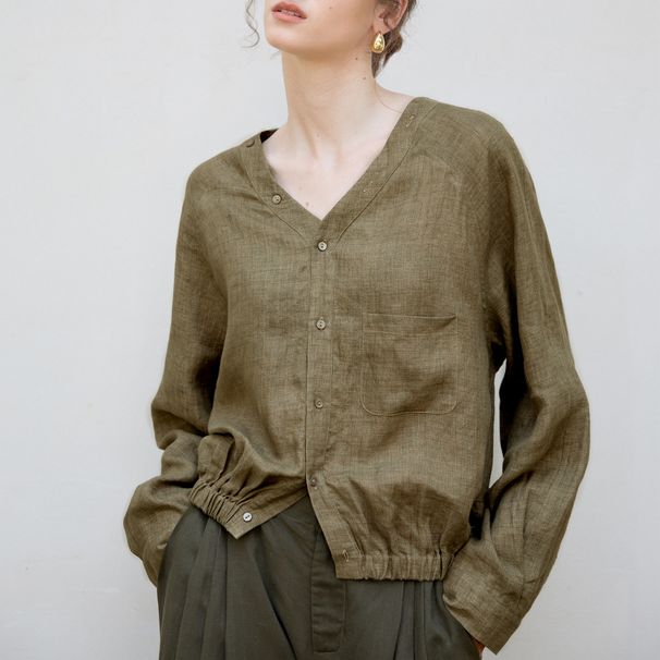 Linen V Neck Raglan Long Sleeve Shirt Yarn Dyed Woven Texture Loose Cocoon Shape Vintage Style Spring Arrival Women's Top_ecoleips.com