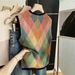 Women's Retro Forest Style Color Block Vest Sleeveless round Neck Pullover Knitwear Loose Slimming Summer Top_ecoleips.com
