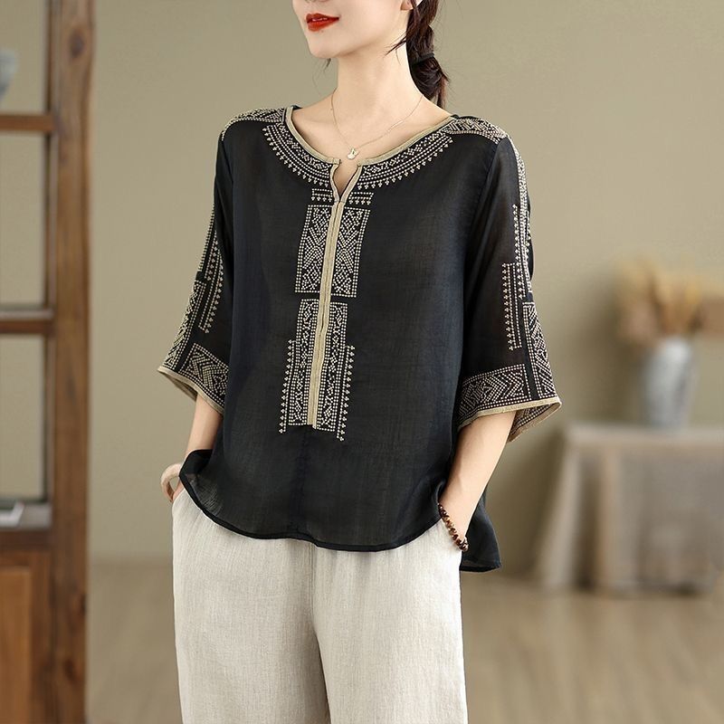 Chinese-Style Cotton-Linen Embroidered T-Shirt With V-Neck And Short Sleeves; Women's Summer Garment Featuring A Loose F_ecoleips.com