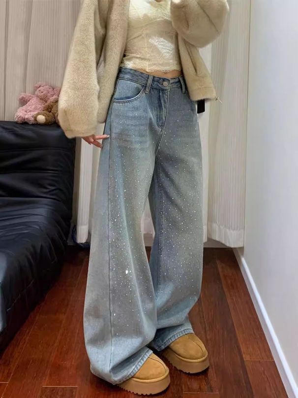 Gypsophila Rhinestone Heavy Craft Jeans For Women, Autumn And Winter Design, Loose Straight Wide-Leg Slimming Pants With_ecoleips.com