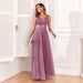 Women’s Clothing Multicolor Splicing Elastic Waist Sleeveless Double V Neck Evening Dress Tulle Embroidery Long Elegant A line Party Dress_ecoleips.com