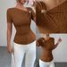 Elegant Pleated Slim Fit Knitted Short Sleeved Top Asymmetrical Neckline 3D Rose Gold Button Embellishments Women's Clothing Platform Style_ecoleips.com