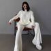 Ribbed High-Neck Knit Set – Long Sleeve Turtleneck & Wide-Leg Pants, Cozy Winter Two-Piece Outfit (Black/White/Rose) – Trendy Matching Loungewear_ecoleips.com