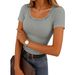 Ribbed Knit Square Neck T-Shirt – Lace Trim Casual Top For Women, Soft & Breathable (S-Xxl, 8 Colors)_ecoleips.com