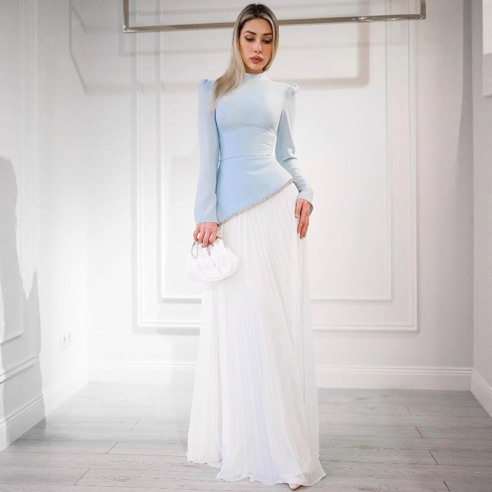 Elegant Chiffon Beaded Pleated Evening Gown For Women - Long Sleeve Formal Dress For Wedding & Special Occasions (Blue & White, S-XXL)_ecoleips.com