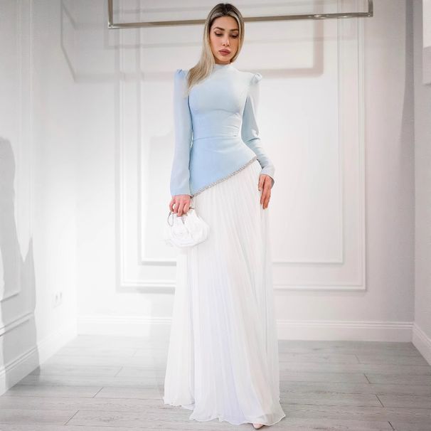 Elegant Chiffon Beaded Pleated Evening Gown For Women - Long Sleeve Formal Dress For Wedding & Special Occasions (Blue & White, S-XXL)_ecoleips.com