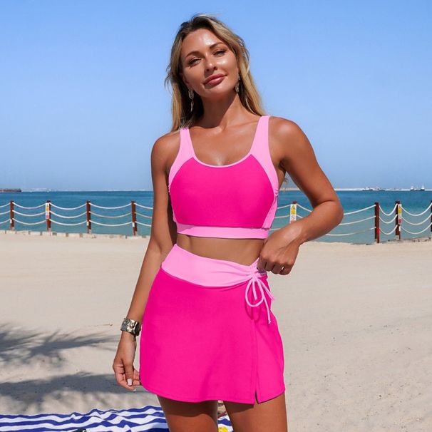 Women's Clothing Two Piece Swimsuit Color Block Design With Skirt And Pockets Bikini Set For Sexy Vacation Style_ecoleips.com