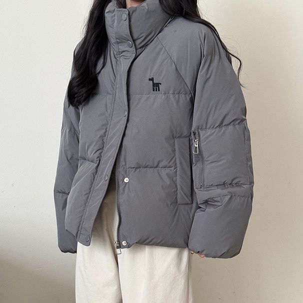 Women's Embroidered Puffer Jacket – Korean-Style Oversized Duck Down Coat With Stand Collar (Black/White/Gray/Taupe/Red, One Size)_ecoleips.com