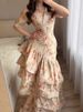 Women Fashion Pattern Print Slim Long Dress Elegant V-Neck Asymmetric Evening Dress Casual Half Sleeve Ruffle Hem Fishtail Dress_ecoleips.com