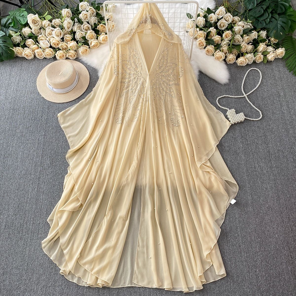 Women's Clothing High End Hot Diamond Beading V Neck Hooded Trumpet Sleeve Dress High End Temperament Irregular Chiffon Long Skirt_ecoleips.com