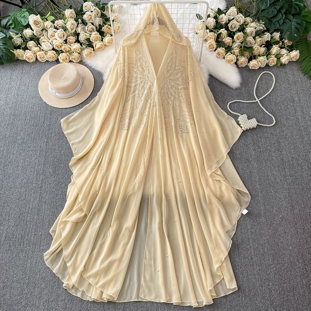 Women's Clothing High End Hot Diamond Beading V Neck Hooded Trumpet Sleeve Dress High End Temperament Irregular Chiffon Long Skirt_ecoleips.com