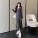 Autumn New Korean Fashion Lace V-Neck Gray Two-Piece Maternity Dress_ecoleips.com