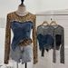 Women's Clothing Real Shot Fashion Leopard Print Perspective Hot Girl Mesh Splicing Denim Irregular Bottoming Shirt Short Top_ecoleips.com