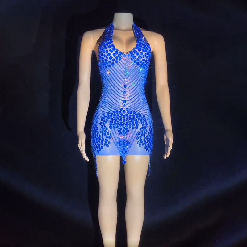 Women's Clothing Dance Training Clothes Sexy See Through Rhinestone Halter Neck Dress Female Singer Guest Host Performance Clothes_ecoleips.com