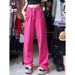 Women's Clothing Rose Red Pink Summer Loose Straight Pink High Street Retro Red Jeans Trousers Men And Women_ecoleips.com