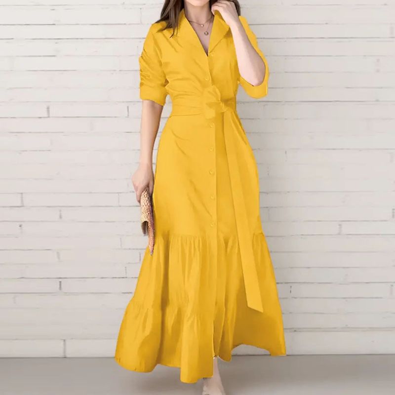 2025 Elegant Button Lace-up Party Dress Women Fashion Lapel Collar Pleated Shirt Dress Casual Long Sleeve Solid Loose Long Dress_ecoleips.com