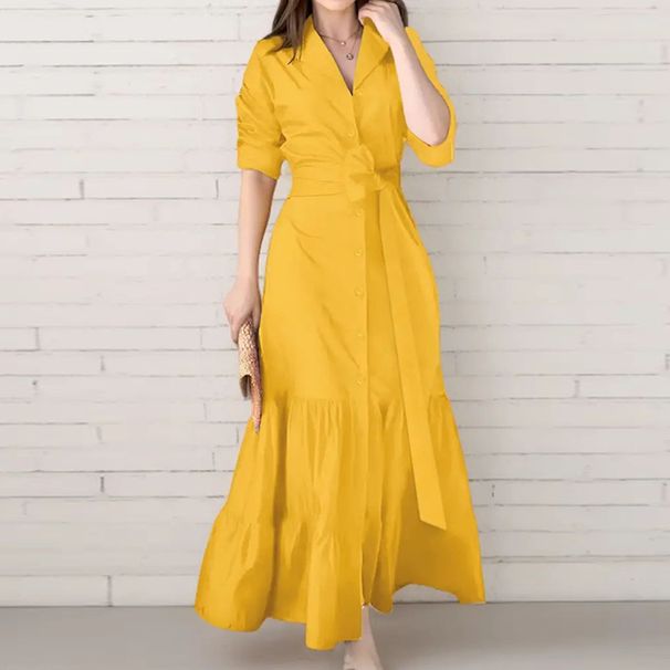 2025 Elegant Button Lace-up Party Dress Women Fashion Lapel Collar Pleated Shirt Dress Casual Long Sleeve Solid Loose Long Dress_ecoleips.com