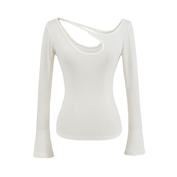 Women's Off-Shoulder Long Sleeve T-Shirt – Sexy Cutout Design, Slim Fit & Versatile (Black/White/Pink/Red/Tibetan Blue, S/M)_ecoleips.com