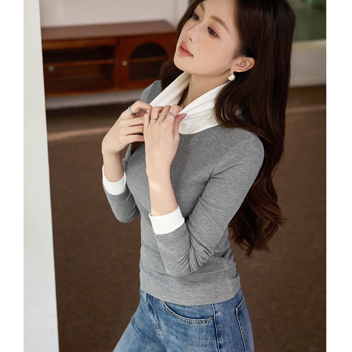 #High Quality # Thin Velvet High Neck Base Shirt, Women's Contrasting Long Sleeved T-Shirt, 2025 Autumn And Winter New_ecoleips.com