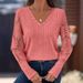 Women's V-Neck Loose Fit Long Sleeve Knit Sweater With Lace Trim, Comfortable Casual Pullover Top For Autumn_ecoleips.com