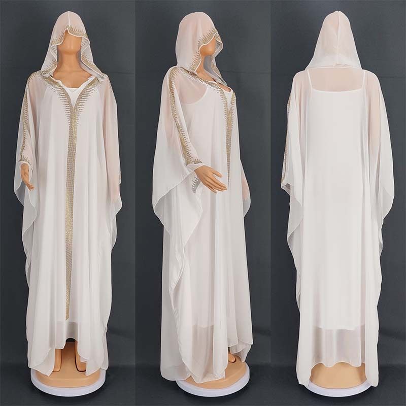 Cross-Border Women's Clothing Middle East Jalabia Chiffon Rhinestone Hooded Skirt Arabic Long Robe 8724#_ecoleips.com