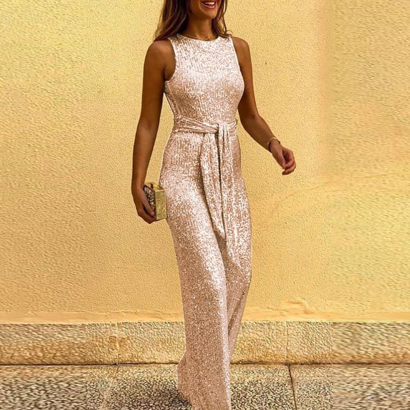 Women's Clothing Round Neck Sleeveless Personalized Sequined Silver Dot Jumpsuit_ecoleips.com
