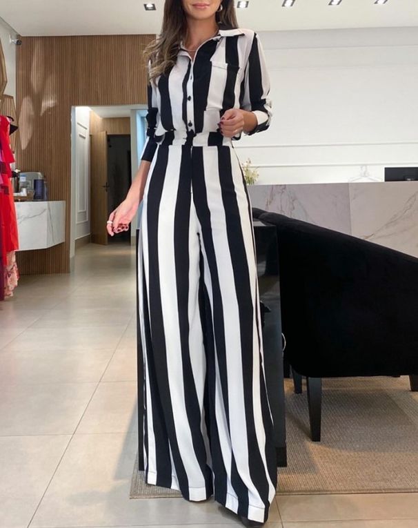 Women's Clothing autumn casual fashion black and white striped button pocket design shirt wide leg pants two piece set_ecoleips.com