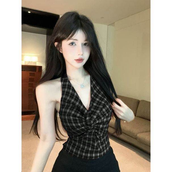 Purely Alluring Hot Girl Plaid Halter Neck Camisole For Women, Summer Design, Sleeveless, Slim Fit, Niche Commuting_ecoleips.com
