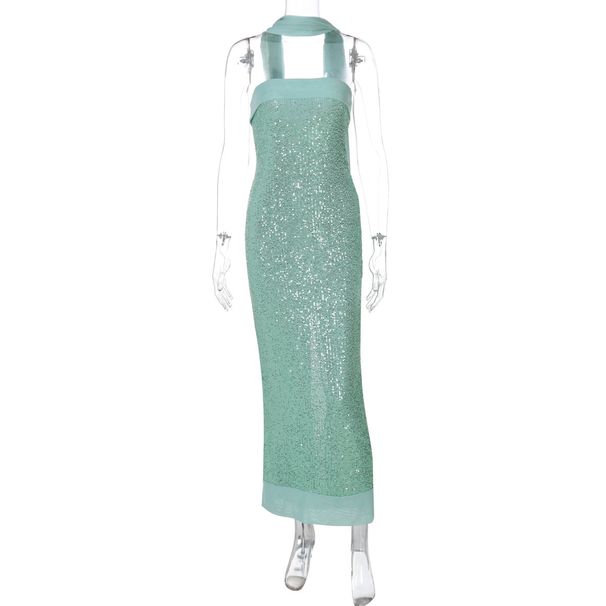 Women's Sexy Strapless Sequined Dress Solid Color Slim Long Elegant_ecoleips.com
