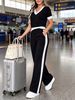 Women's Short Sleeve Two Piece Set Casual Ribbed Knit Outfit Summer T-Shirt And Shorts_ecoleips.com