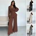Elegant V-Neck Long Sleeve Top & Wide Leg Pants Set – Women’s Sophisticated Loungewear (S-XXL, Grey/Black/Brown/Beige)_ecoleips.com