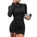 Women's Sexy Slim Fit High Neck Dress Long Sleeve Round Neck Drawstring Simple Dress For Ladies_ecoleips.com