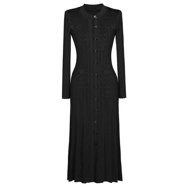 French Style Women's Long Knitted Dress With Long Sleeves Single Breasted Design Elegant Openwork Slim Fit For Tea Break_ecoleips.com