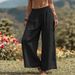 Women's Linen-Cotton Blend Wide Leg Pants, Elastic Waist Relaxed Trousers With Side Pockets, Casual Boho Palazzo Pants For Everyday_ecoleips.com