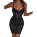 Sexy Mesh Sequin Patchwork Suspender See Through Steel Ring Fishbone Wrapped Hip Dress 60763_ecoleips.com